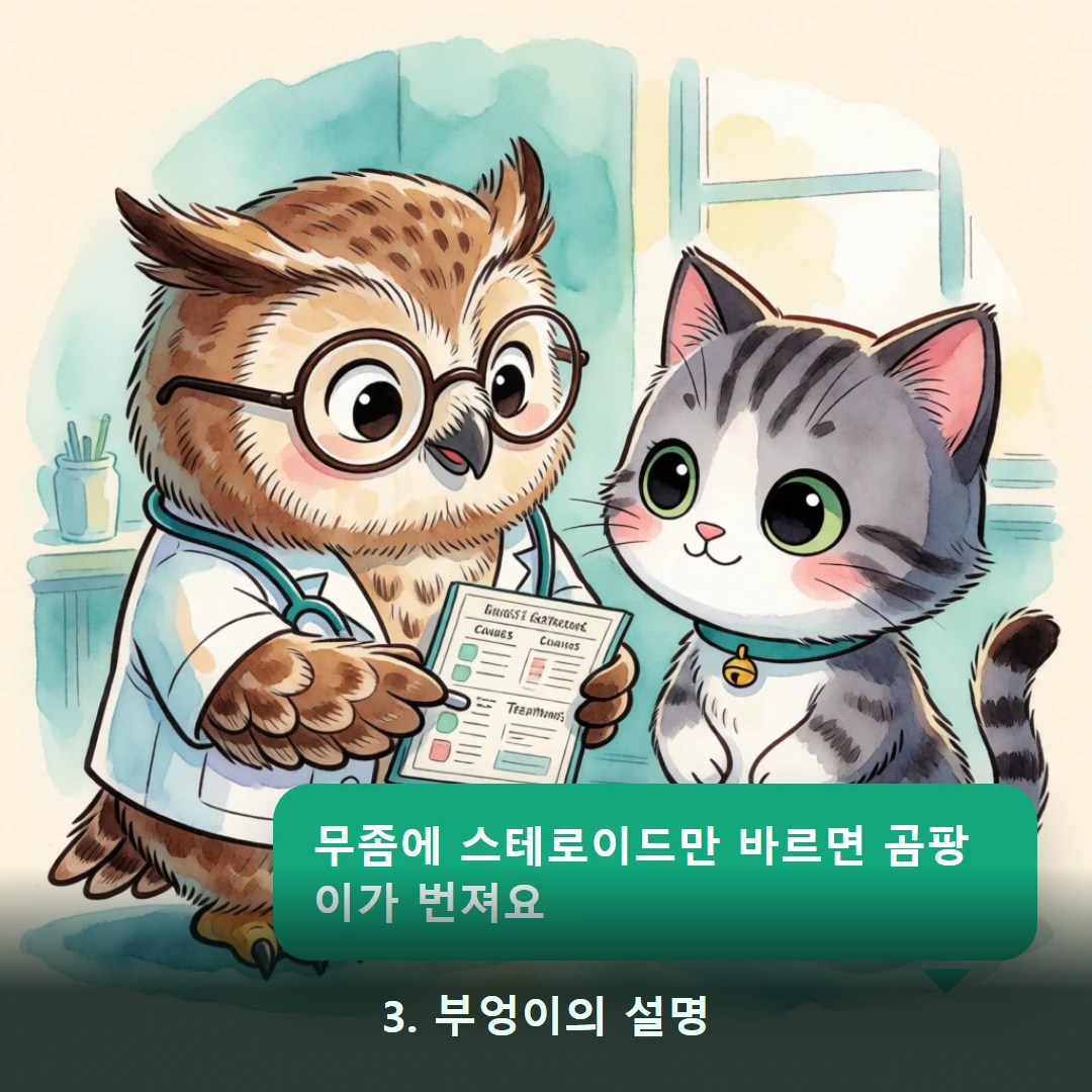 웹툰 3컷 — 3. 부엉이의 설명 (무좀에 스테로이드만 바르면 곰팡이가 번져요)