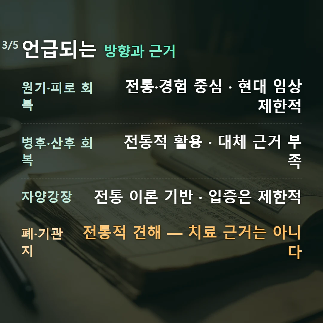 언급되는 방향과 근거 — 원기·피로 회복 전통·경험 중심 · 현대 임상 제한적, 병후·산후 회복 전통적 활용 · 대체 근거 부족, 자양강장 전통 이론 기반 · 입증은 제한적, 폐·기관지 전통적 견해 — 치료 근거는 아니다
