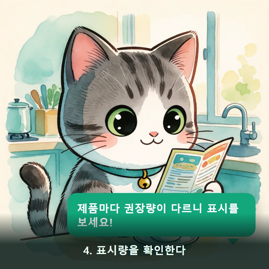 웹툰 4컷 — 4. 표시량을 확인한다 (제품마다 권장량이 다르니 표시를 보세요!)