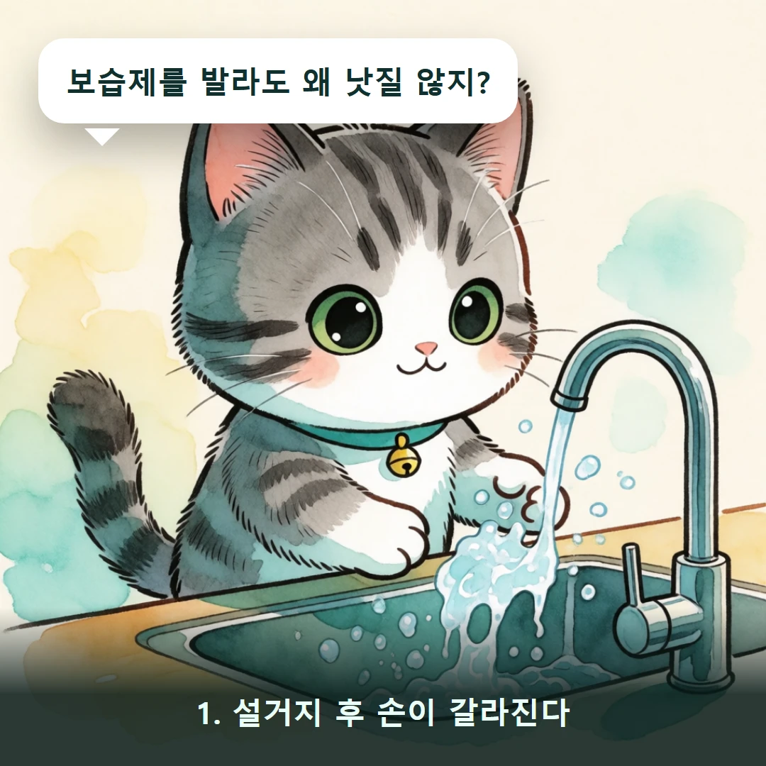 웹툰 1컷 — 1. 설거지 후 손이 갈라진다 (보습제를 발라도 왜 낫질 않지?)