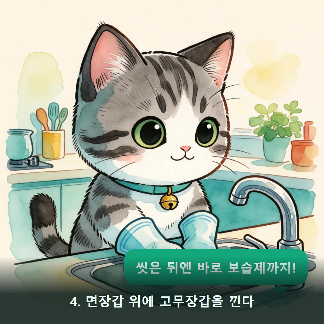 웹툰 4컷 — 4. 면장갑 위에 고무장갑을 낀다 (씻은 뒤엔 바로 보습제까지!)