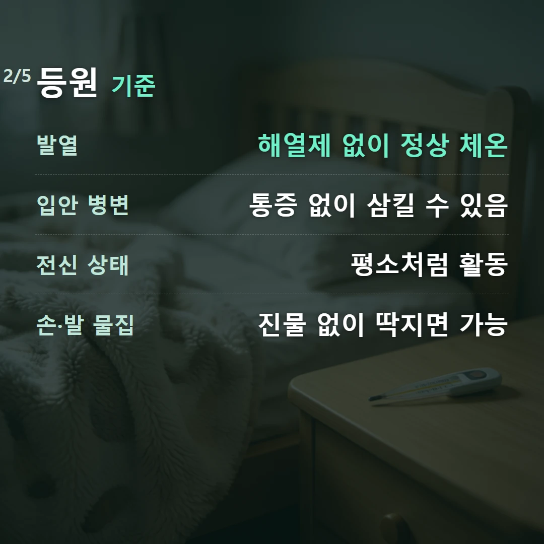 등원 기준 — 발열 해열제 없이 정상 체온, 입안 병변 통증 없이 삼킬 수 있음, 전신 상태 평소처럼 활동, 손·발 물집 진물 없이 딱지면 가능