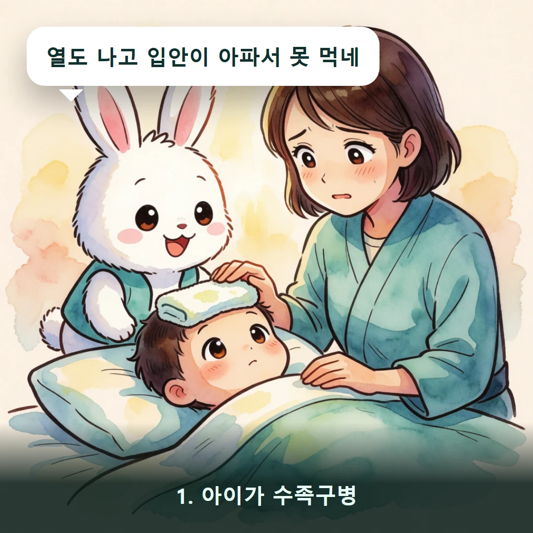 웹툰 1컷 — 1. 아이가 수족구병 (열도 나고 입안이 아파서 못 먹네)