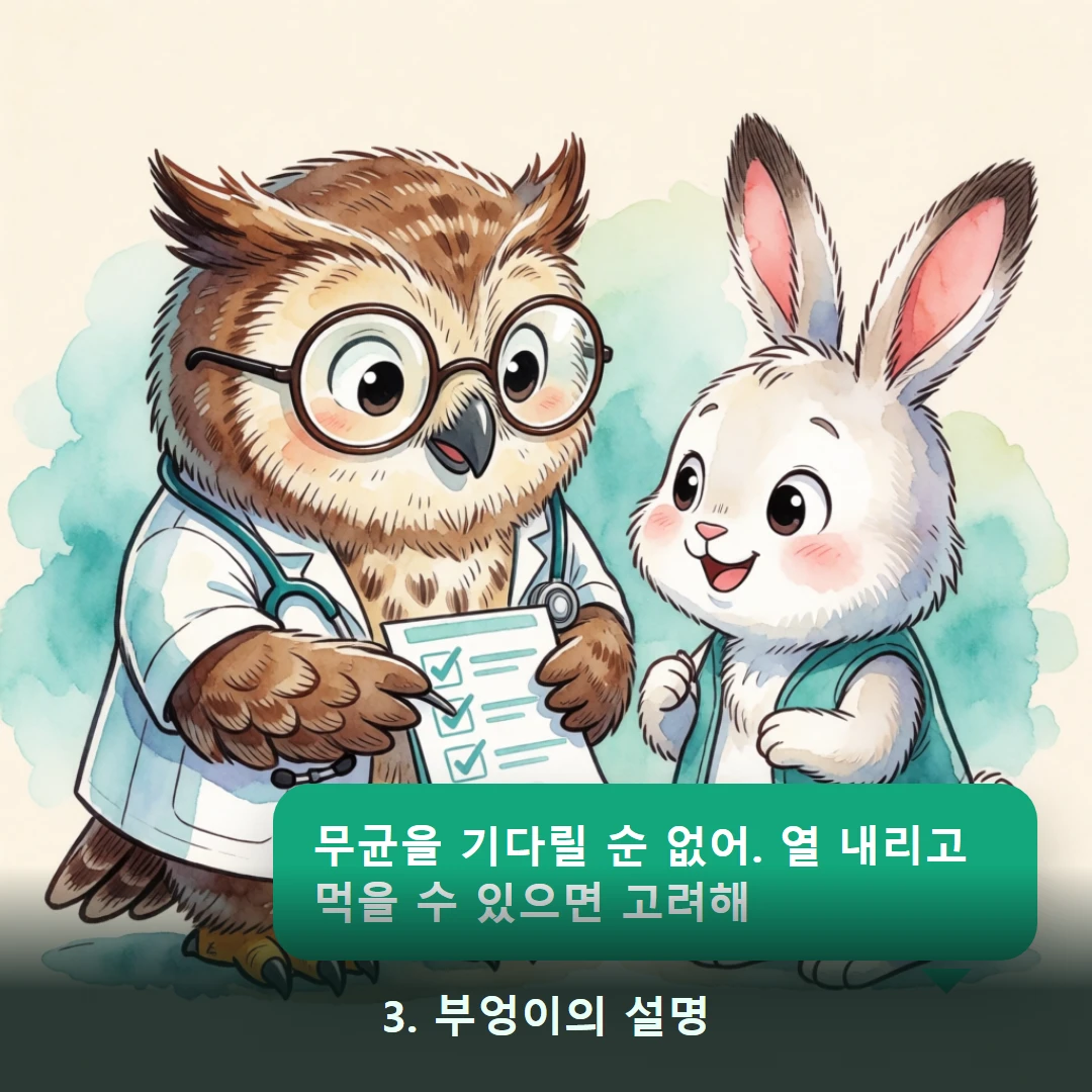 웹툰 3컷 — 3. 부엉이의 설명 (무균을 기다릴 순 없어. 열 내리고 먹을 수 있으면 고려해)