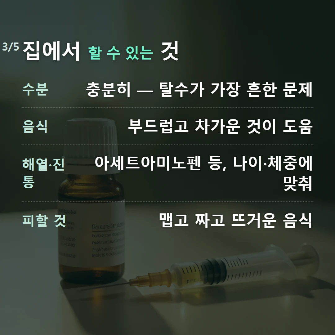 집에서 할 수 있는 것 — 수분 충분히 — 탈수가 가장 흔한 문제, 음식 부드럽고 차가운 것이 도움, 해열·진통 아세트아미노펜 등, 나이·체중에 맞춰, 피할 것 맵고 짜고 뜨거운 음식