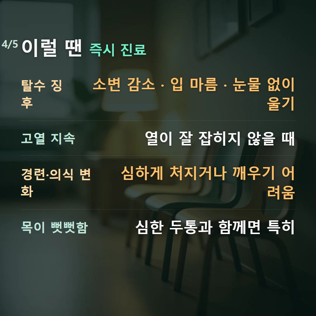 이럴 땐 즉시 진료 — 탈수 징후 소변 감소 · 입 마름 · 눈물 없이 울기, 고열 지속 열이 잘 잡히지 않을 때, 경련·의식 변화 심하게 처지거나 깨우기 어려움, 목이 뻣뻣함 심한 두통과 함께면 특히