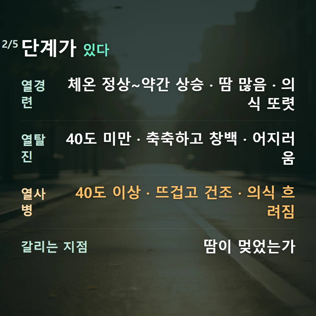 단계가 있다 — 열경련 체온 정상~약간 상승 · 땀 많음 · 의식 또렷, 열탈진 40도 미만 · 축축하고 창백 · 어지러움, 열사병 40도 이상 · 뜨겁고 건조 · 의식 흐려짐, 갈리는 지점 땀이 멎었는가