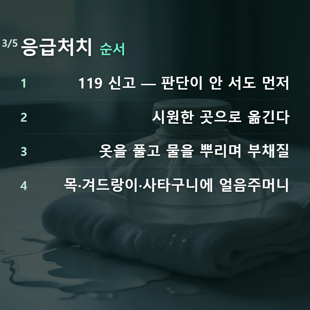 응급처치 순서 — 1 119 신고 — 판단이 안 서도 먼저, 2 시원한 곳으로 옮긴다, 3 옷을 풀고 물을 뿌리며 부채질, 4 목·겨드랑이·사타구니에 얼음주머니
