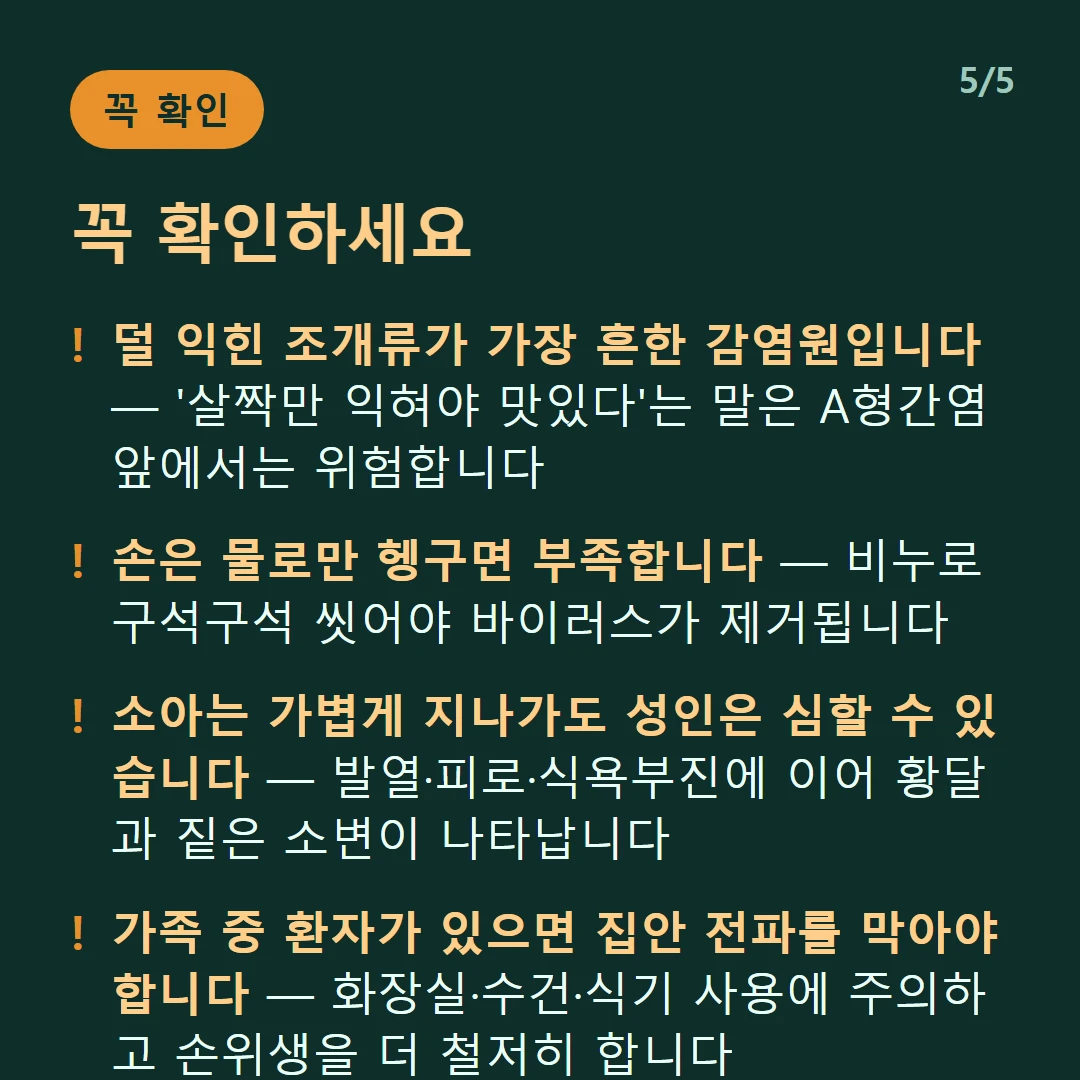 꼭 확인하세요 — 덜 익힌 조개류가 가장 흔한 감염원입니다 — '살짝만 익혀야 맛있다'는 말은 A형간염 앞에서는 위험합니다 / 손은 물로만 헹구면 부족합니다 — 비누로 구석구석 씻어야 바이러스가 제거됩니다 / 소아는 가볍게 지나가도 성인은 심할 수 있습니다 — 발열·피로·식욕부진에 이어 황달과 짙은 소변이 나타납니다 / 가족 중 환자가 있으면 집안 전파를 막아야 합니다 — 화장실·수건·식기 사용에 주의하고 손위생을 더 철저히 합니다