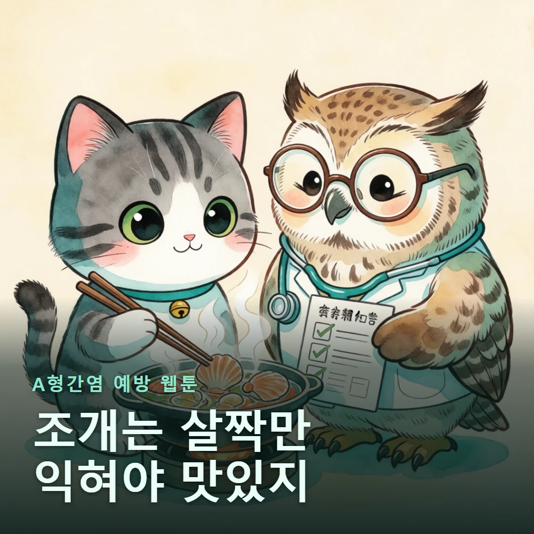 A형간염 예방 웹툰 표지 — 조개는 살짝만 익혀야 맛있지