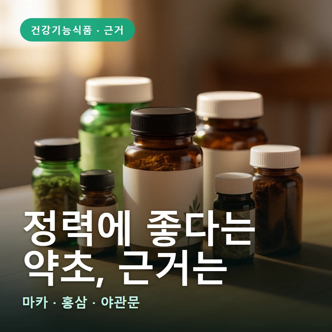 정력에 좋다는 약초 요약 표지 — 마카 · 홍삼 · 야관문