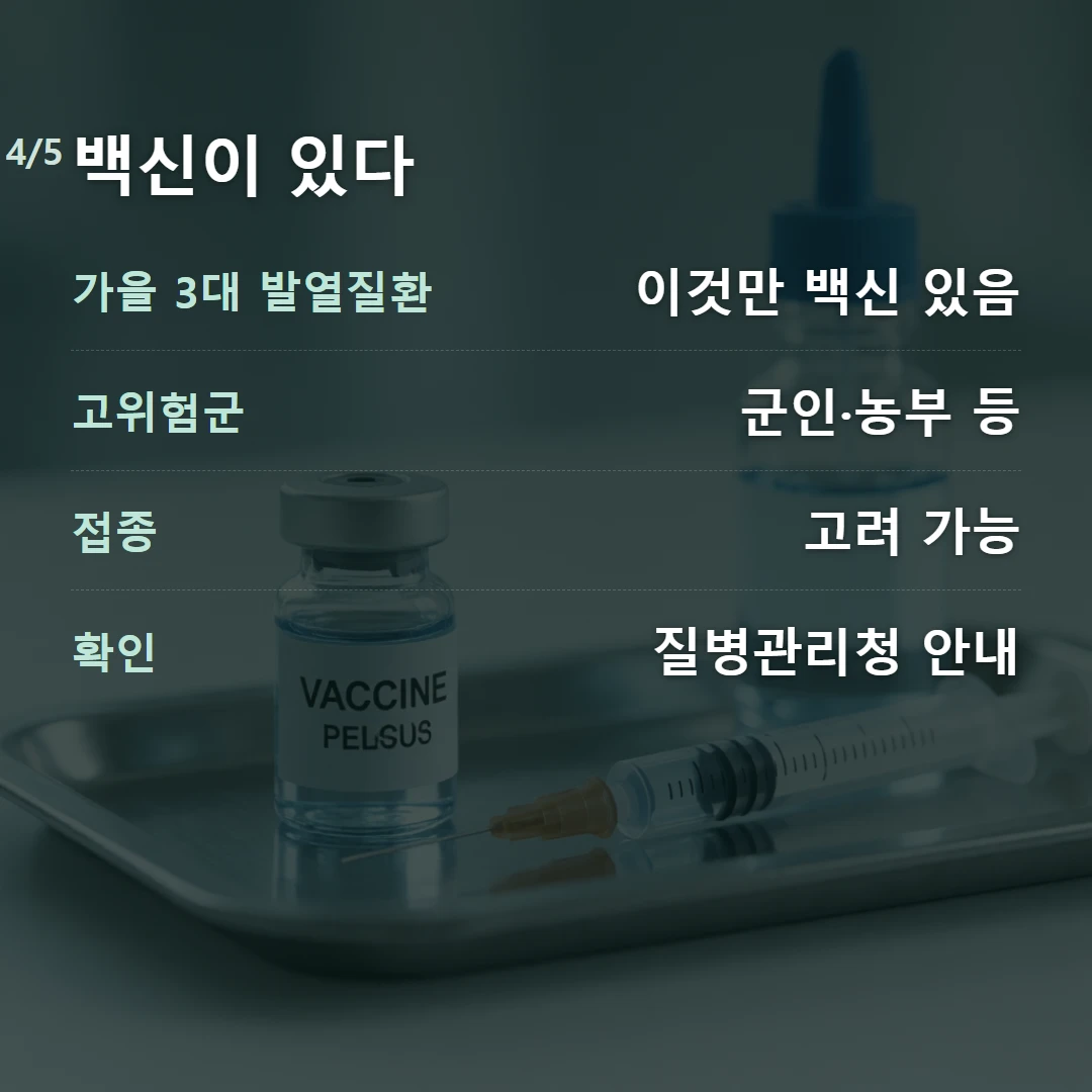 백신이 있다 — 가을 3대 발열질환 이것만 백신 있음, 고위험군 군인·농부 등, 접종 고려 가능, 확인 질병관리청 안내
