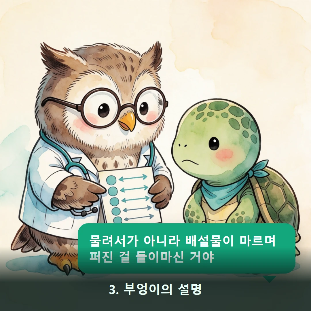 웹툰 3컷 — 3. 부엉이의 설명 (물려서가 아니라 배설물이 마르며 퍼진 걸 들이마신 거야)