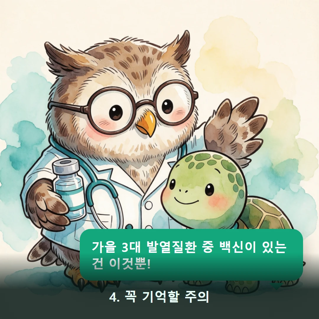 웹툰 4컷 — 4. 꼭 기억할 주의 (가을 3대 발열질환 중 백신이 있는 건 이것뿐!)