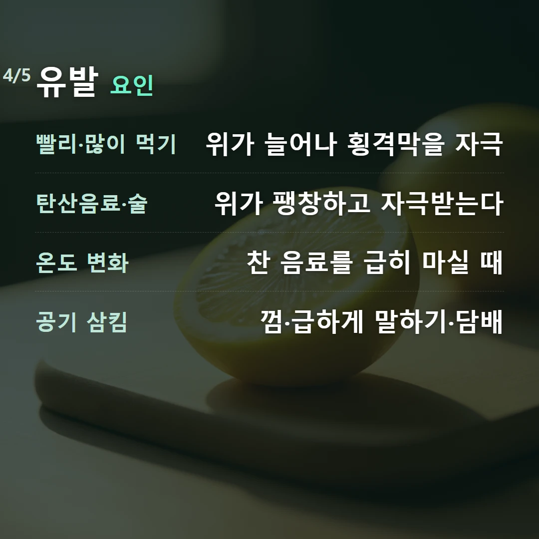 유발 요인 — 빨리·많이 먹기 위가 늘어나 횡격막을 자극, 탄산음료·술 위가 팽창하고 자극받는다, 온도 변화 찬 음료를 급히 마실 때, 공기 삼킴 껌·급하게 말하기·담배
