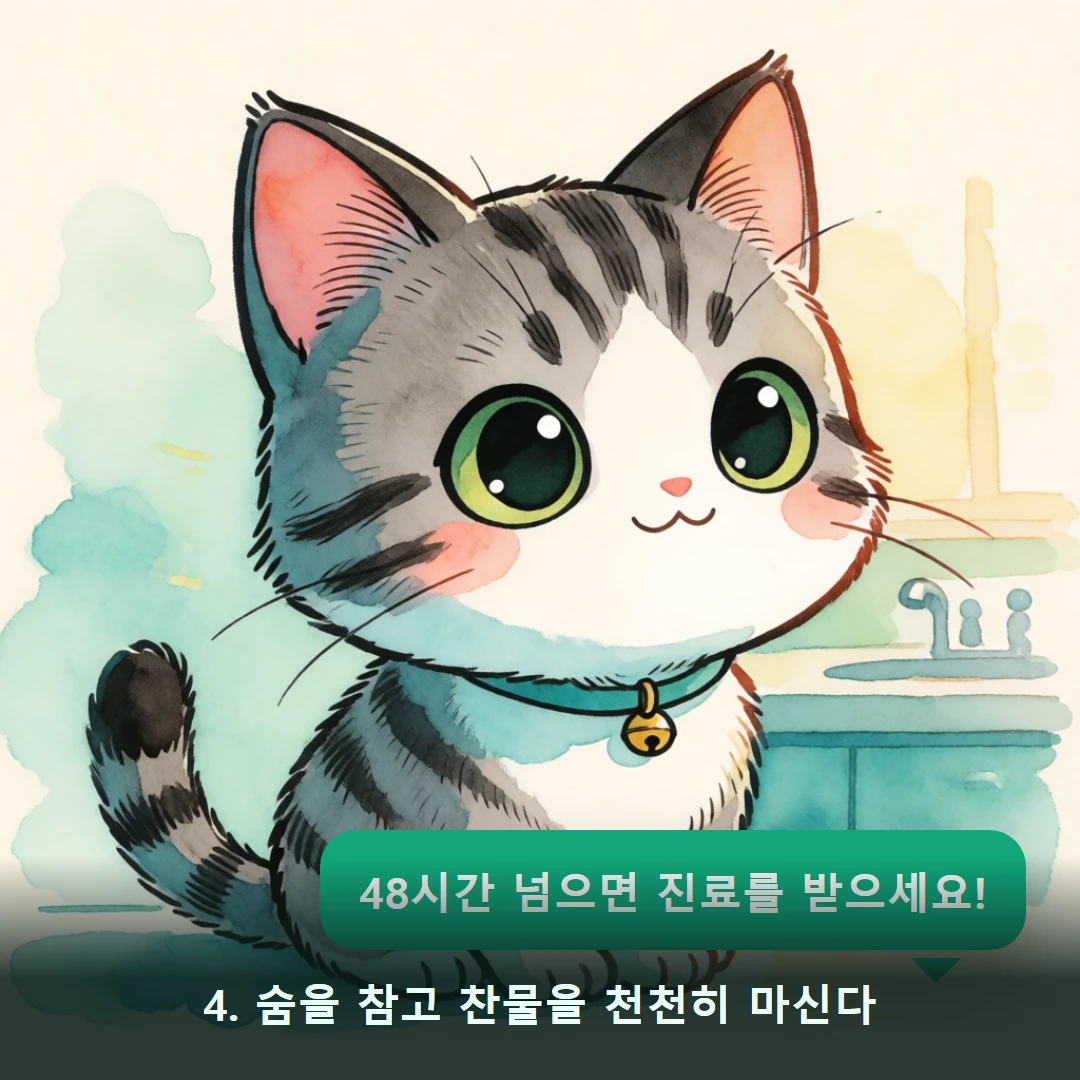 웹툰 4컷 — 4. 숨을 참고 찬물을 천천히 마신다 (48시간 넘으면 진료를 받으세요!)
