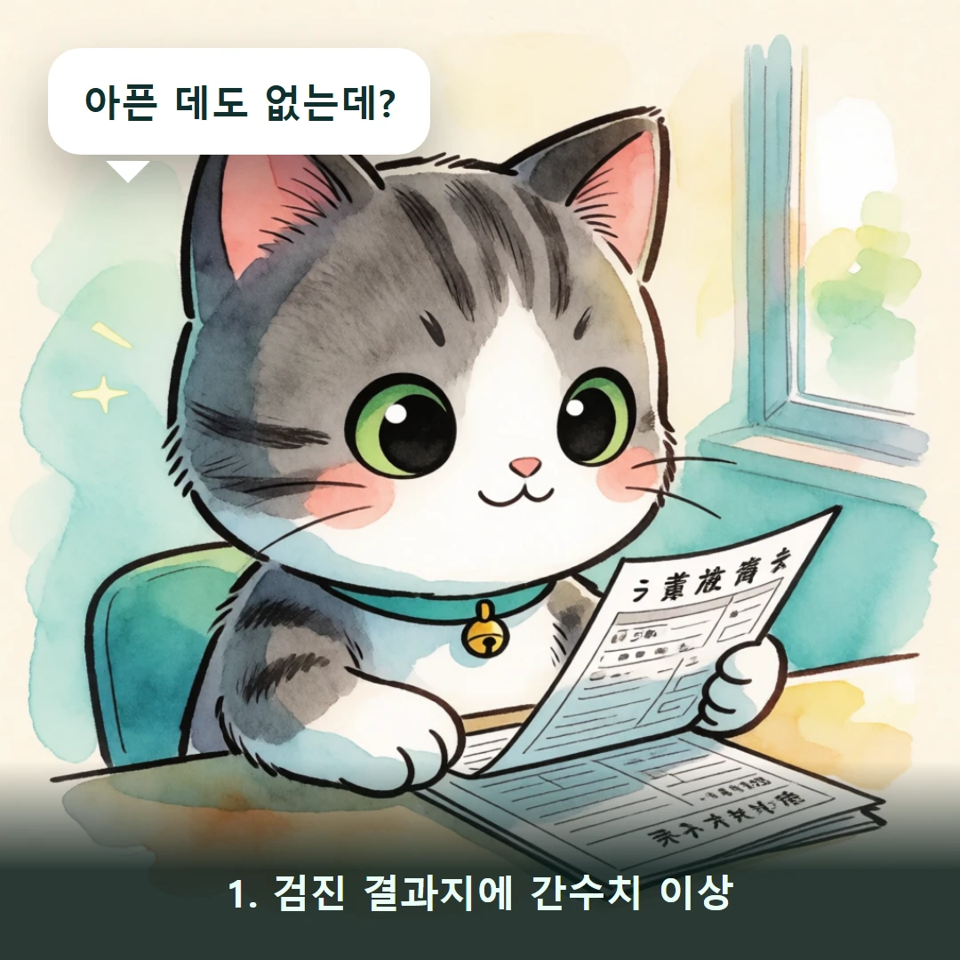 웹툰 1컷 — 1. 검진 결과지에 간수치 이상 (아픈 데도 없는데?)