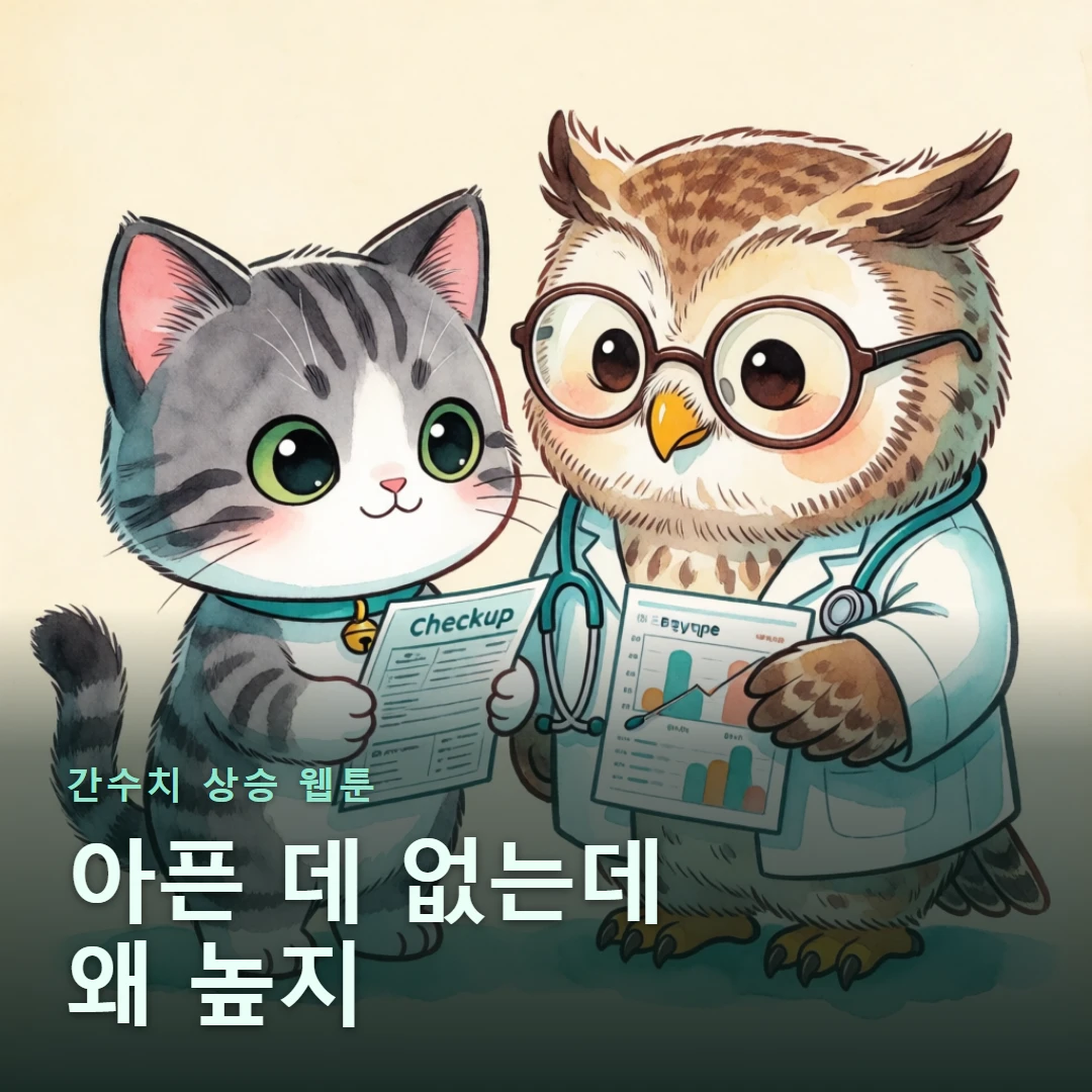 간수치 상승 웹툰 표지 — 아픈 데 없는데 왜 높지