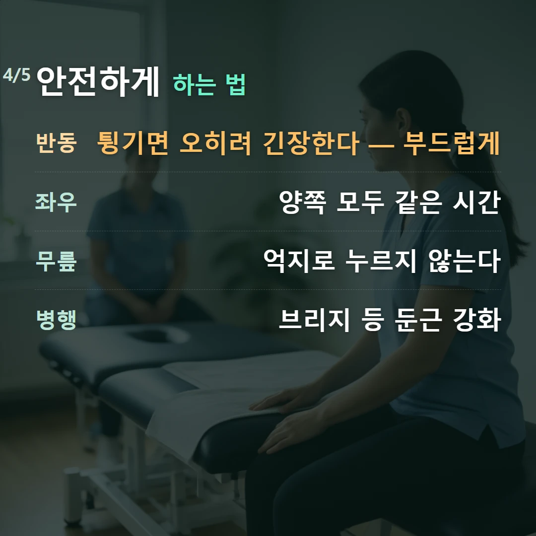 안전하게 하는 법 — 반동 튕기면 오히려 긴장한다 — 부드럽게, 좌우 양쪽 모두 같은 시간, 무릎 억지로 누르지 않는다, 병행 브리지 등 둔근 강화