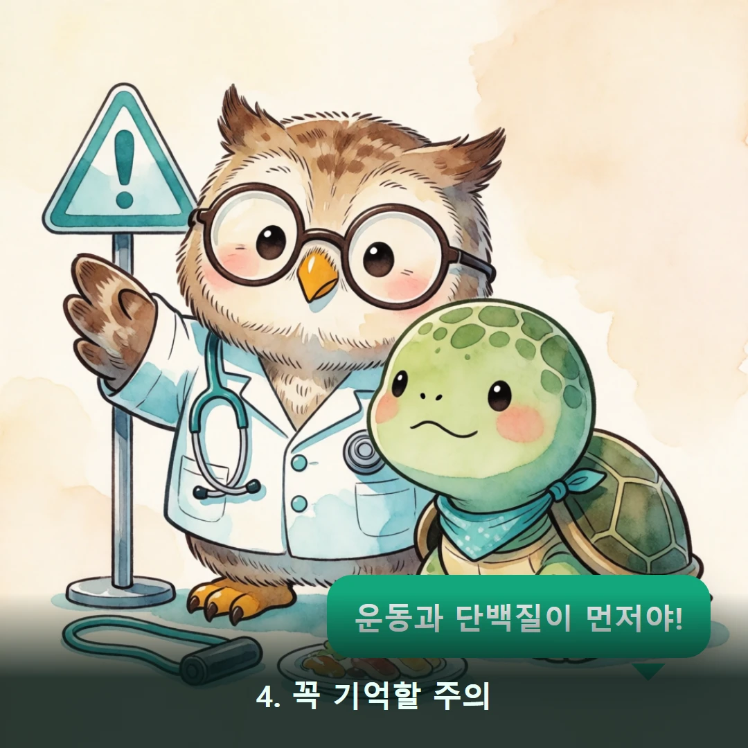웹툰 4컷 — 4. 꼭 기억할 주의 (운동과 단백질이 먼저야!)
