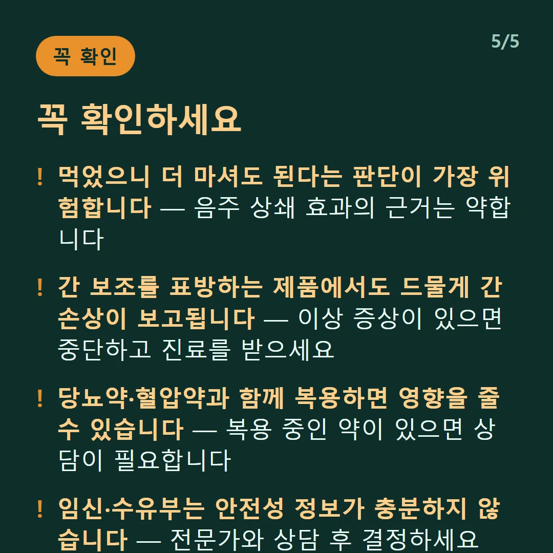 꼭 확인하세요 — 먹었으니 더 마셔도 된다는 판단이 가장 위험합니다 — 음주 상쇄 효과의 근거는 약합니다 / 간 보조를 표방하는 제품에서도 드물게 간 손상이 보고됩니다 — 이상 증상이 있으면 중단하고 진료를 받으세요 / 당뇨약·혈압약과 함께 복용하면 영향을 줄 수 있습니다 — 복용 중인 약이 있으면 상담이 필요합니다 / 임신·수유부는 안전성 정보가 충분하지 않습니다 — 전문가와 상담 후 결정하세요