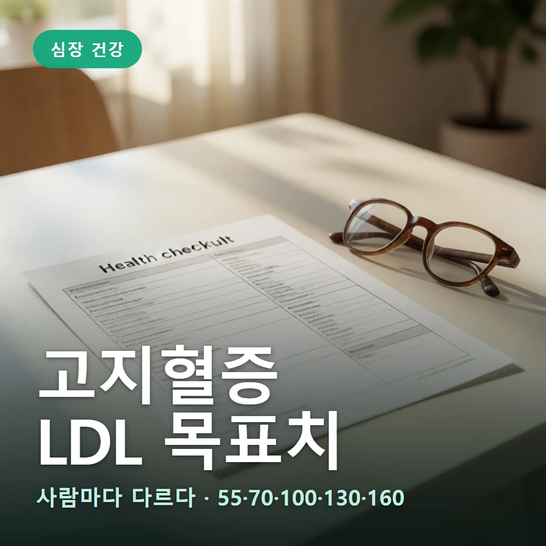 고지혈증 LDL 목표치 요약 표지 — 사람마다 다르다 · 55·70·100·130·160