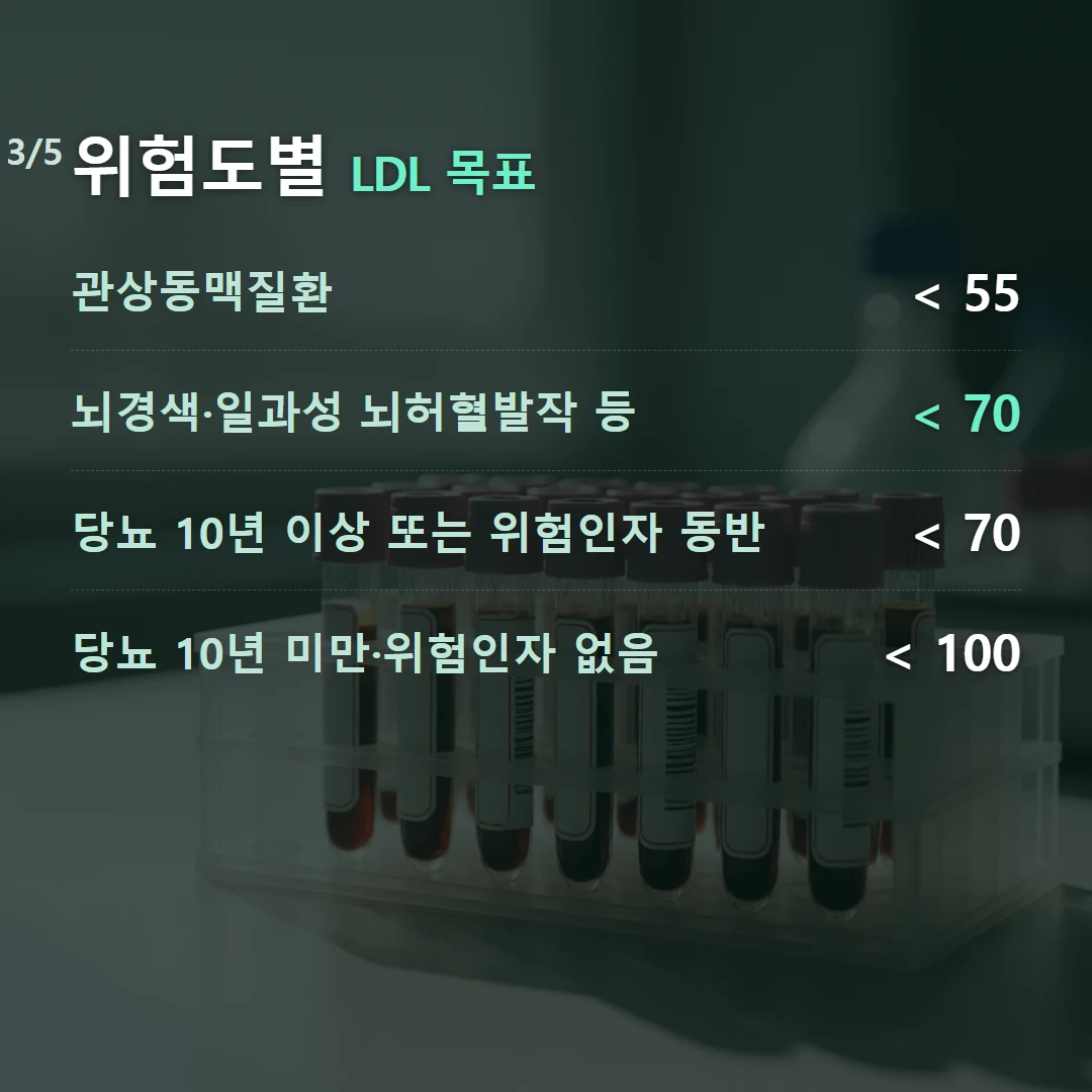 위험도별 LDL 목표 — 관상동맥질환 < 55, 뇌경색·일과성 뇌허혈발작 등 < 70, 당뇨 10년 이상 또는 위험인자 동반 < 70, 당뇨 10년 미만·위험인자 없음 < 100