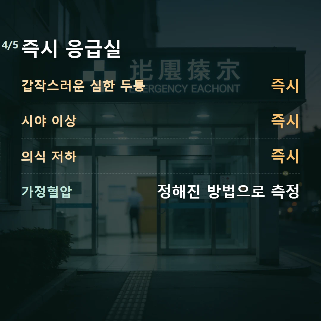 즉시 응급실 — 갑작스러운 심한 두통 즉시, 시야 이상 즉시, 의식 저하 즉시, 가정혈압 정해진 방법으로 측정