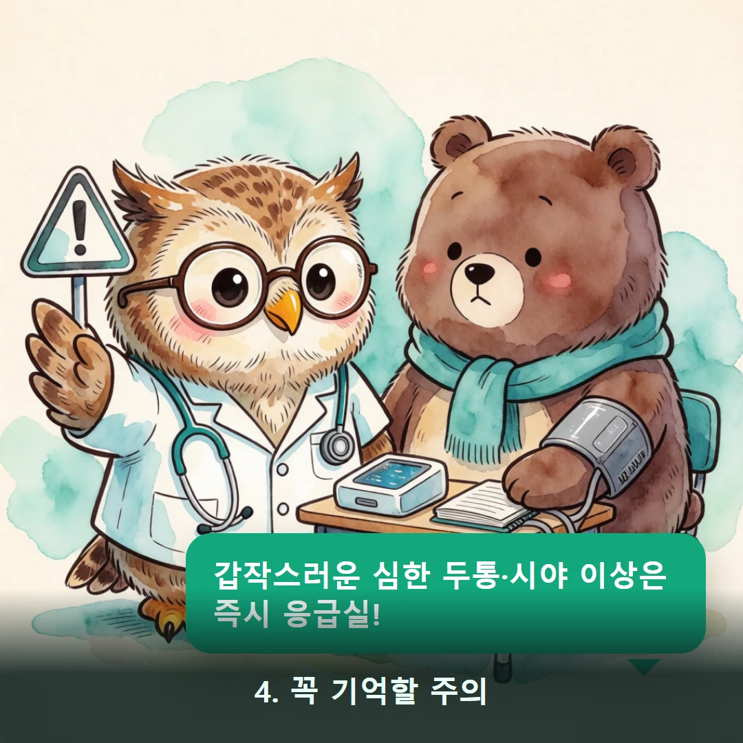 웹툰 4컷 — 4. 꼭 기억할 주의 (갑작스러운 심한 두통·시야 이상은 즉시 응급실!)