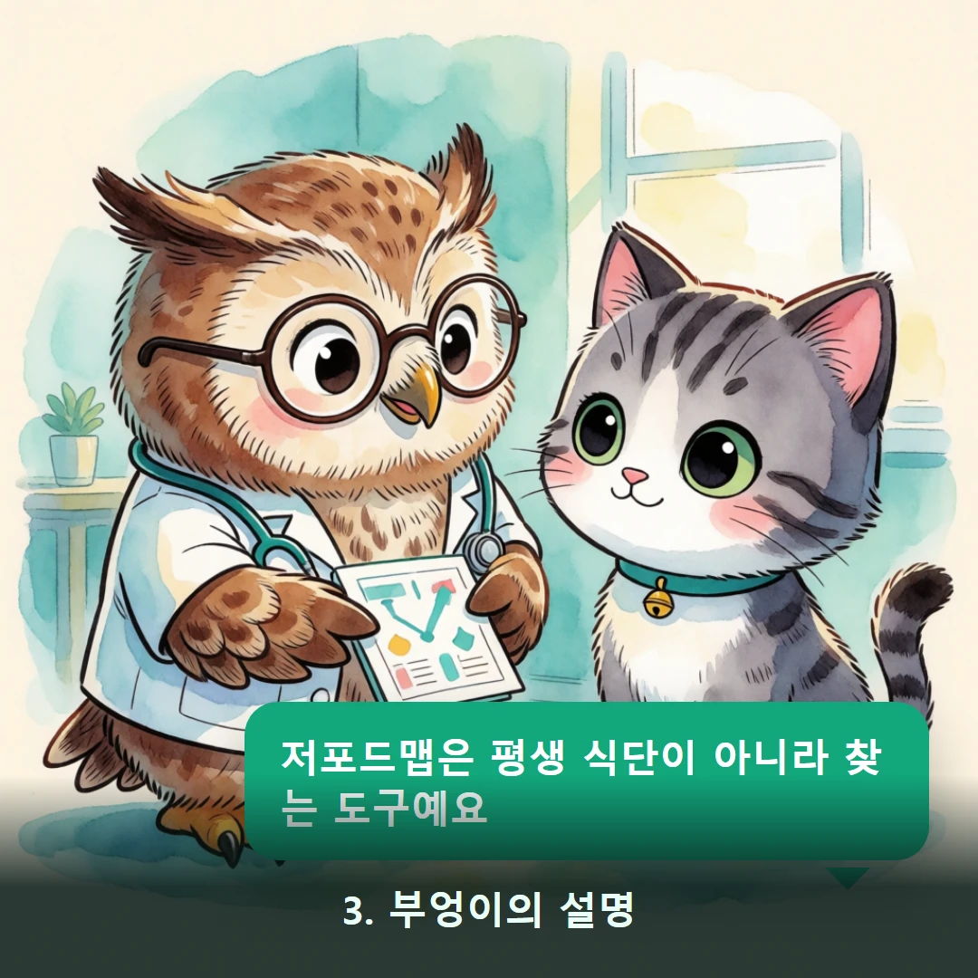 웹툰 3컷 — 3. 부엉이의 설명 (저포드맵은 평생 식단이 아니라 찾는 도구예요)