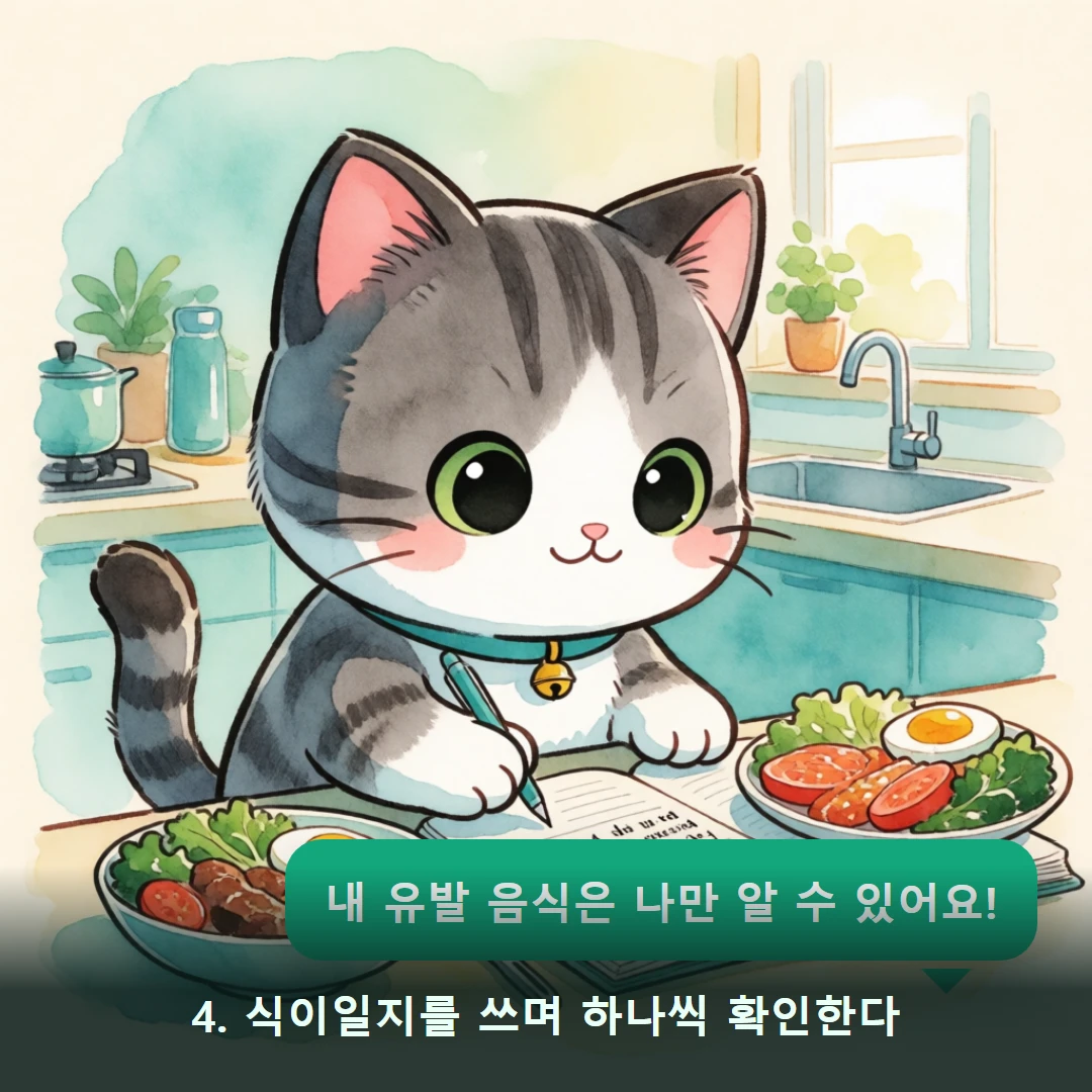 웹툰 4컷 — 4. 식이일지를 쓰며 하나씩 확인한다 (내 유발 음식은 나만 알 수 있어요!)