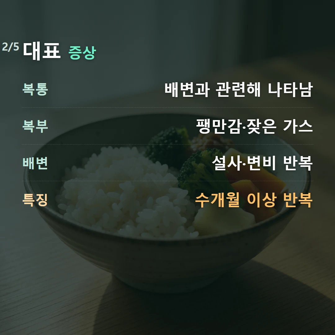 대표 증상 — 복통 배변과 관련해 나타남, 복부 팽만감·잦은 가스, 배변 설사·변비 반복, 특징 수개월 이상 반복