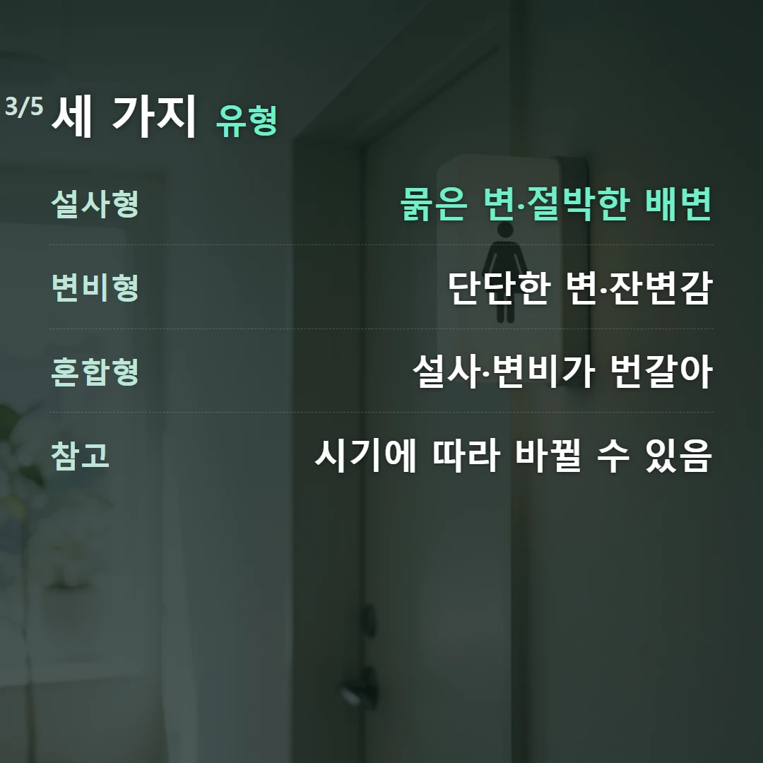 세 가지 유형 — 설사형 묽은 변·절박한 배변, 변비형 단단한 변·잔변감, 혼합형 설사·변비가 번갈아, 참고 시기에 따라 바뀔 수 있음