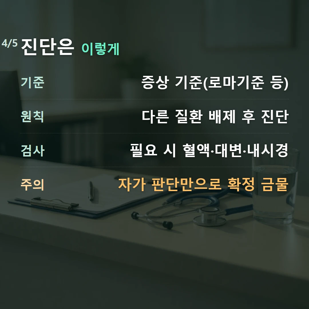 진단은 이렇게 — 기준 증상 기준(로마기준 등), 원칙 다른 질환 배제 후 진단, 검사 필요 시 혈액·대변·내시경, 주의 자가 판단만으로 확정 금물