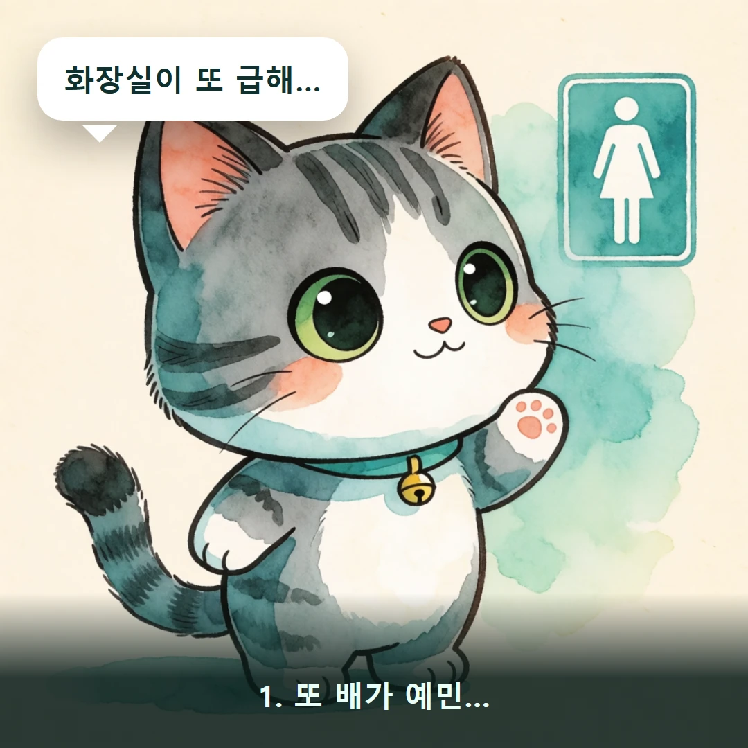 웹툰 1컷 — 1. 또 배가 예민… (화장실이 또 급해…)