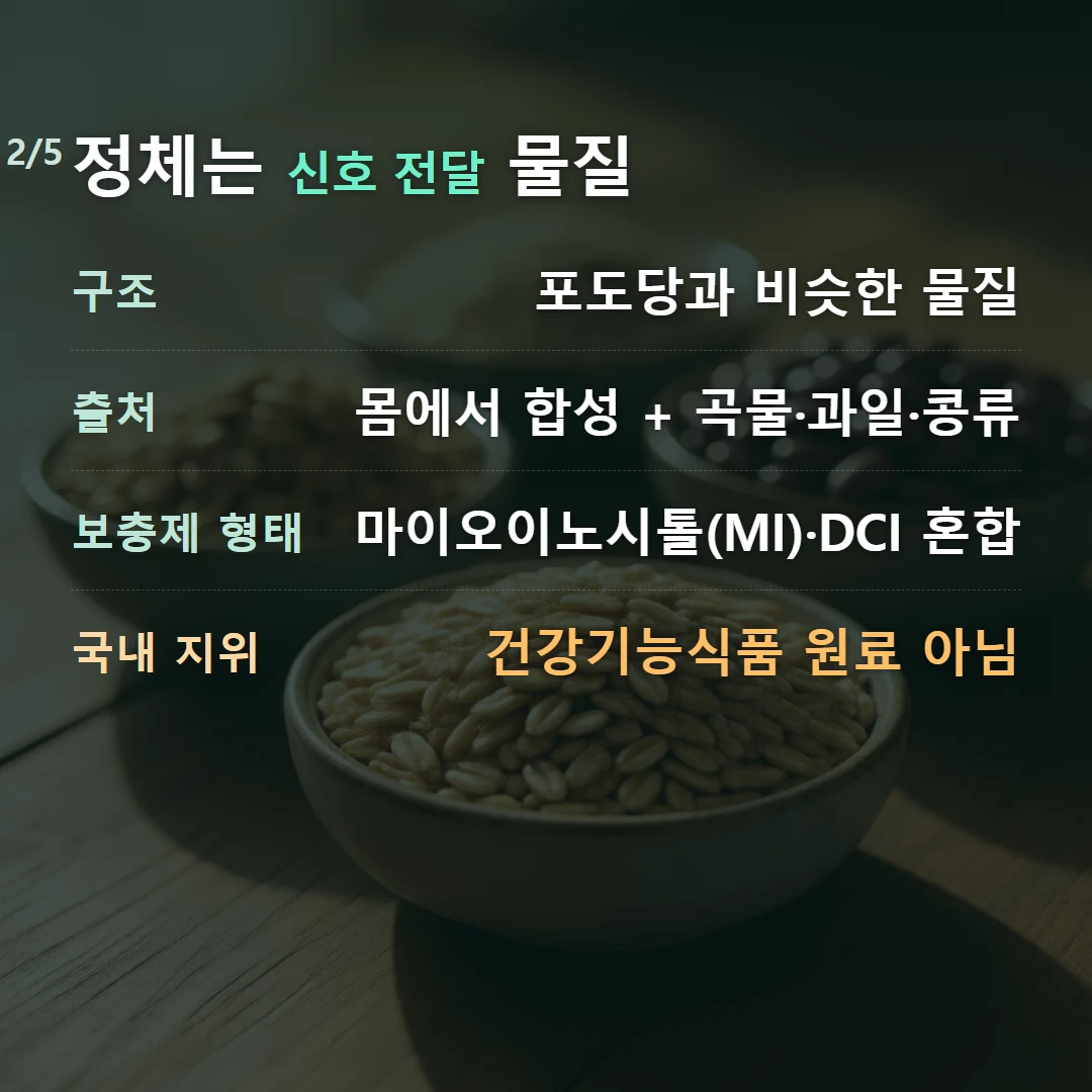 정체는 신호 전달 물질 — 구조 포도당과 비슷한 물질, 출처 몸에서 합성 + 곡물·과일·콩류, 보충제 형태 마이오이노시톨(MI)·DCI 혼합, 국내 지위 건강기능식품 원료 아님