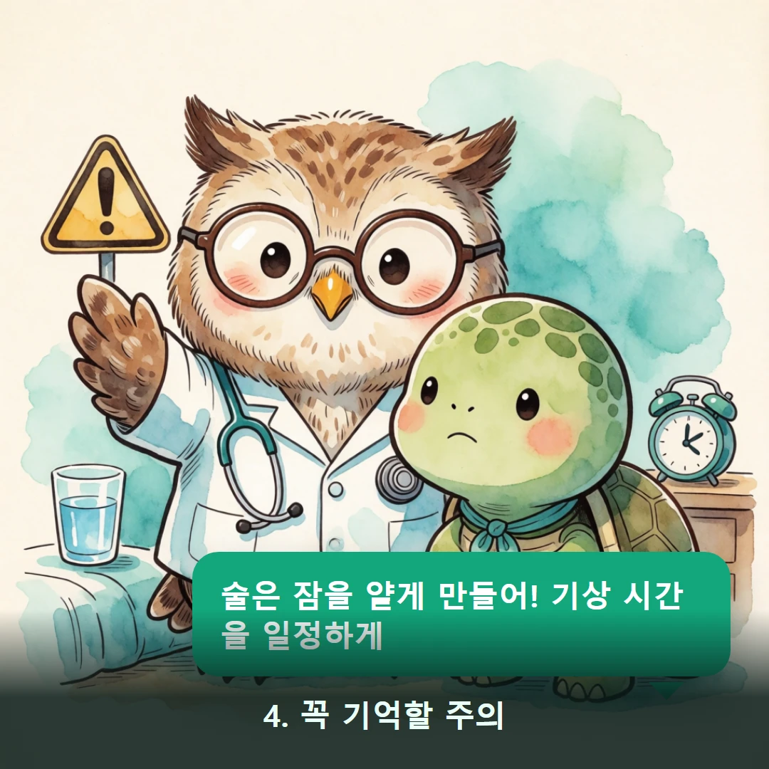 웹툰 4컷 — 4. 꼭 기억할 주의 (술은 잠을 얕게 만들어! 기상 시간을 일정하게)