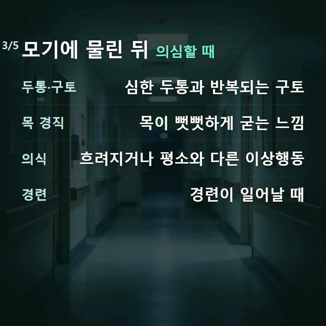모기에 물린 뒤 의심할 때 — 두통·구토 심한 두통과 반복되는 구토, 목 경직 목이 뻣뻣하게 굳는 느낌, 의식 흐려지거나 평소와 다른 이상행동, 경련 경련이 일어날 때