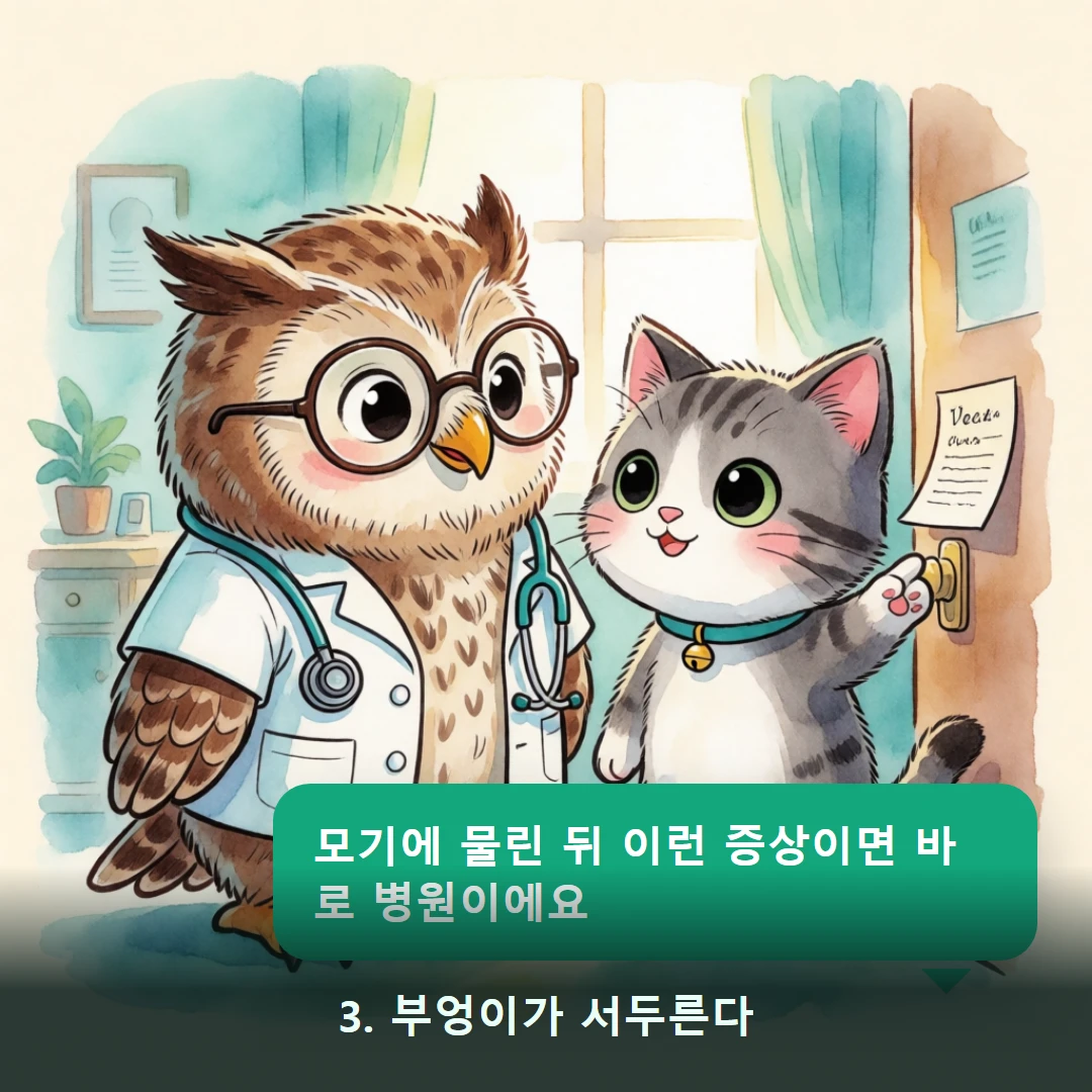 웹툰 3컷 — 3. 부엉이가 서두른다 (모기에 물린 뒤 이런 증상이면 바로 병원이에요)