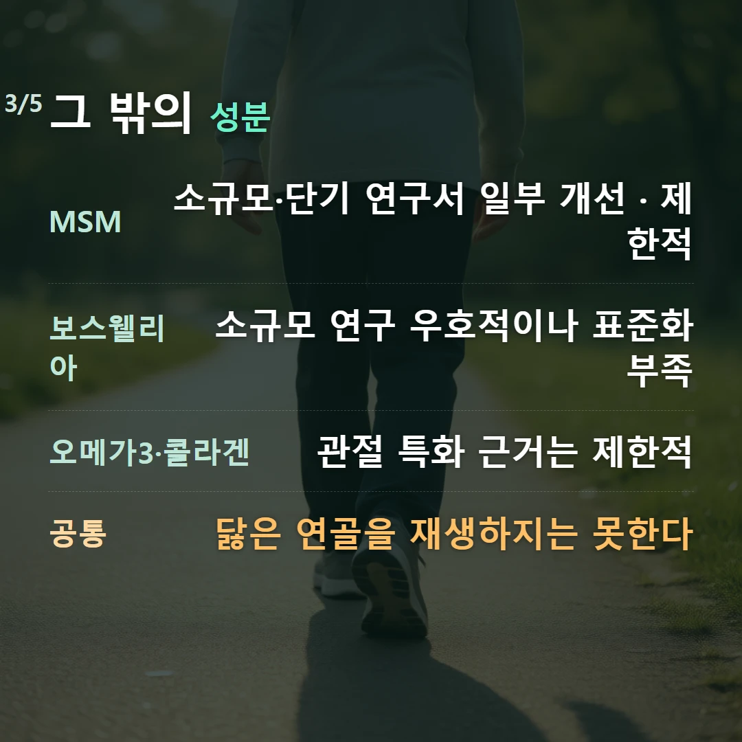 그 밖의 성분 — MSM 소규모·단기 연구서 일부 개선 · 제한적, 보스웰리아 소규모 연구 우호적이나 표준화 부족, 오메가3·콜라겐 관절 특화 근거는 제한적, 공통 닳은 연골을 재생하지는 못한다