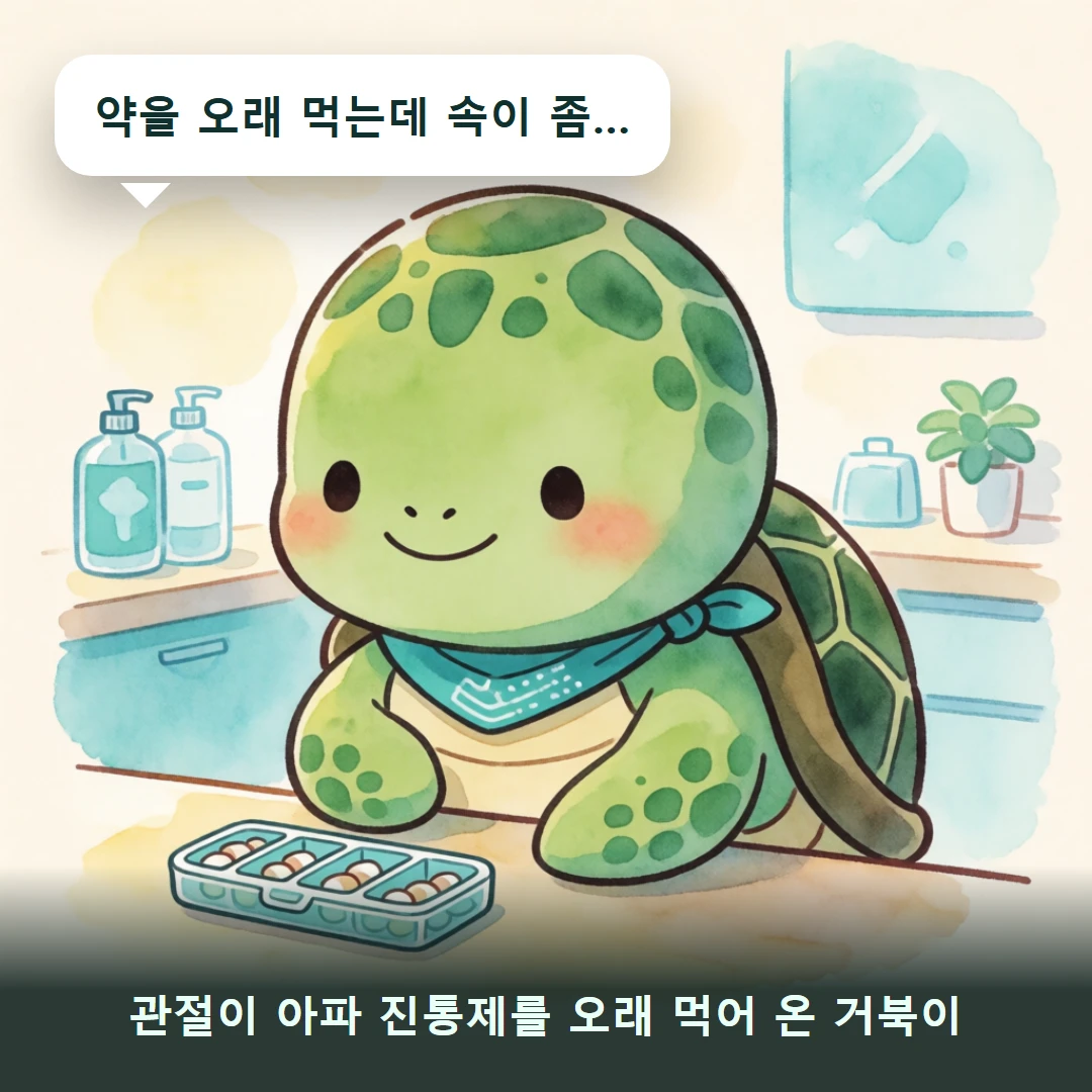 웹툰 1컷 — 관절이 아파 진통제를 오래 먹어 온 거북이 (약을 오래 먹는데 속이 좀…)