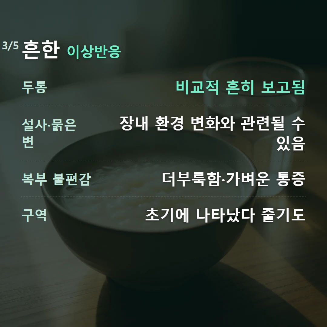 흔한 이상반응 — 두통 비교적 흔히 보고됨, 설사·묽은 변 장내 환경 변화와 관련될 수 있음, 복부 불편감 더부룩함·가벼운 통증, 구역 초기에 나타났다 줄기도