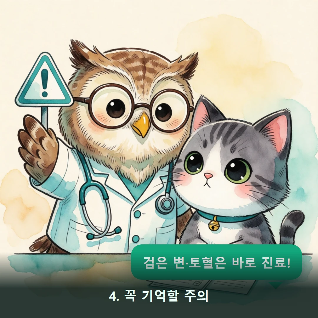 웹툰 4컷 — 4. 꼭 기억할 주의 (검은 변·토혈은 바로 진료!)