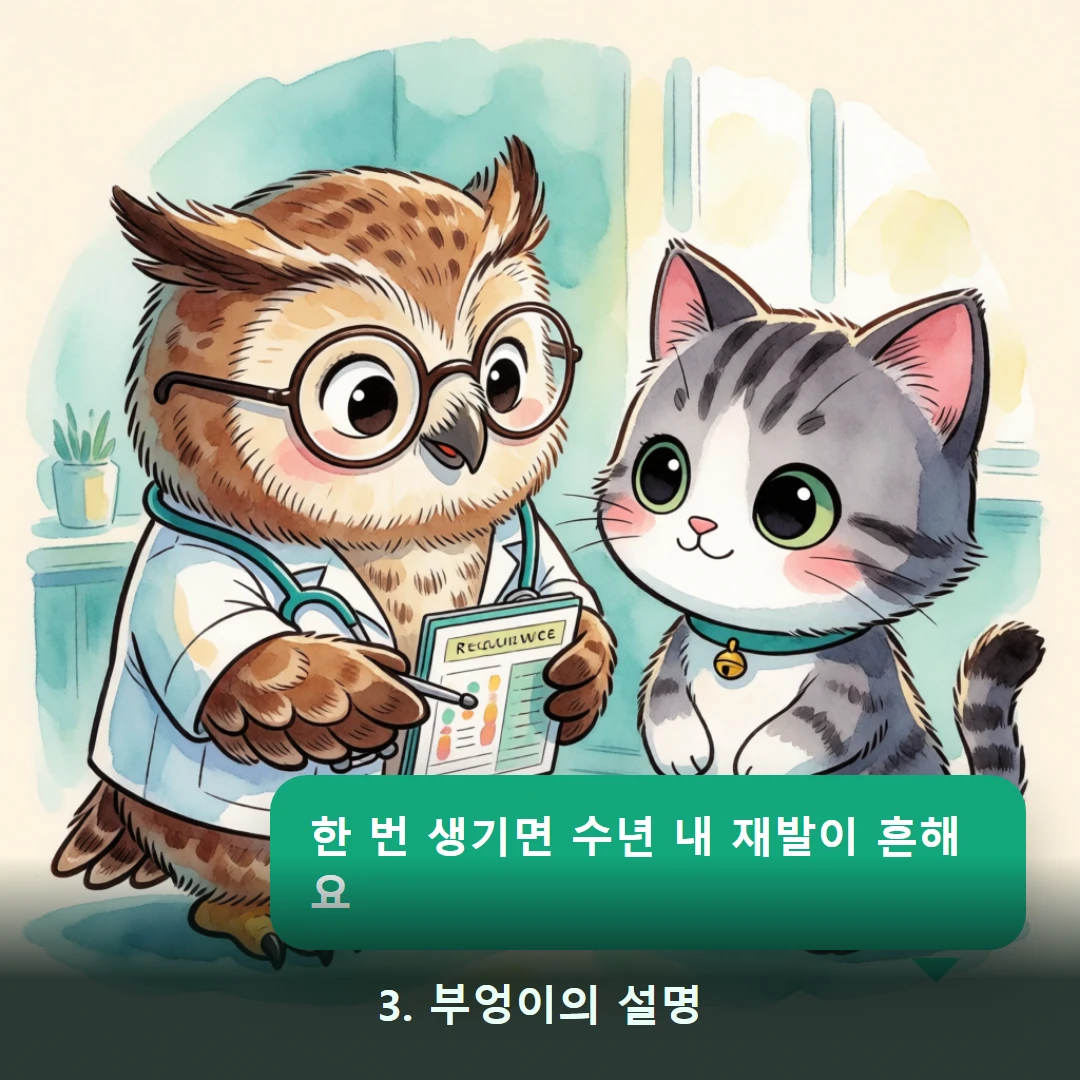 웹툰 3컷 — 3. 부엉이의 설명 (한 번 생기면 수년 내 재발이 흔해요)
