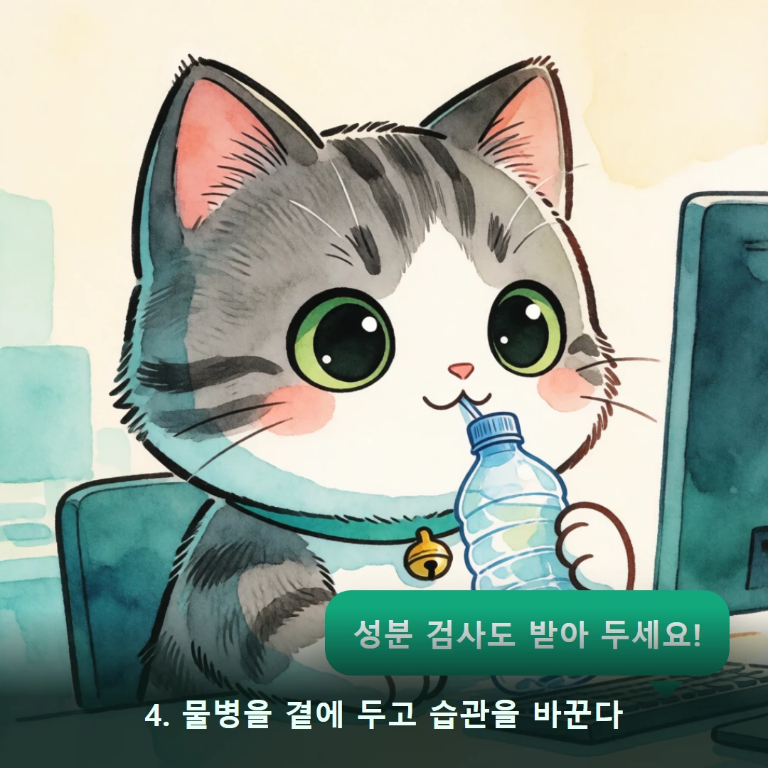 웹툰 4컷 — 4. 물병을 곁에 두고 습관을 바꾼다 (성분 검사도 받아 두세요!)
