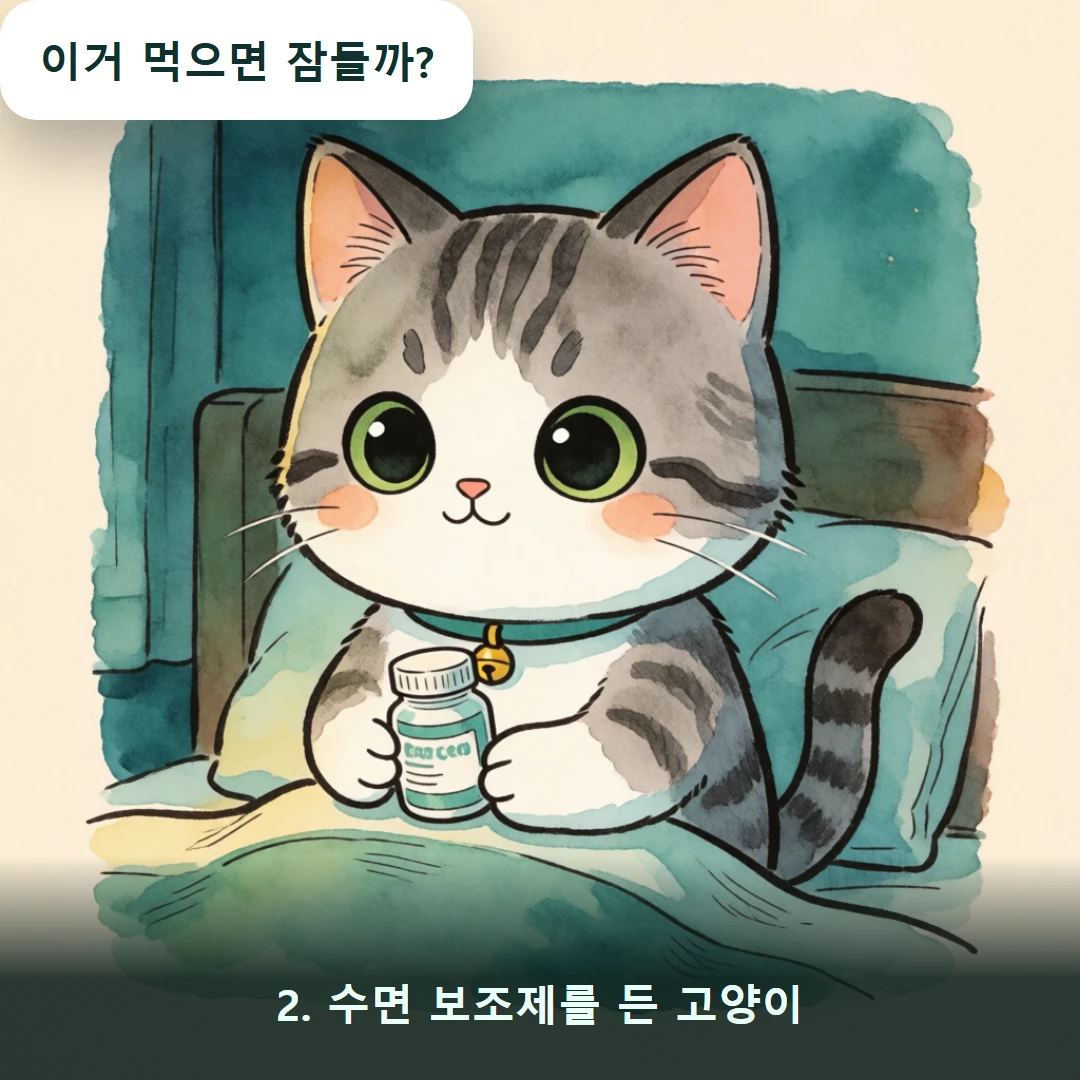 웹툰 2컷 — 2. 수면 보조제를 든 고양이 (이거 먹으면 잠들까?)