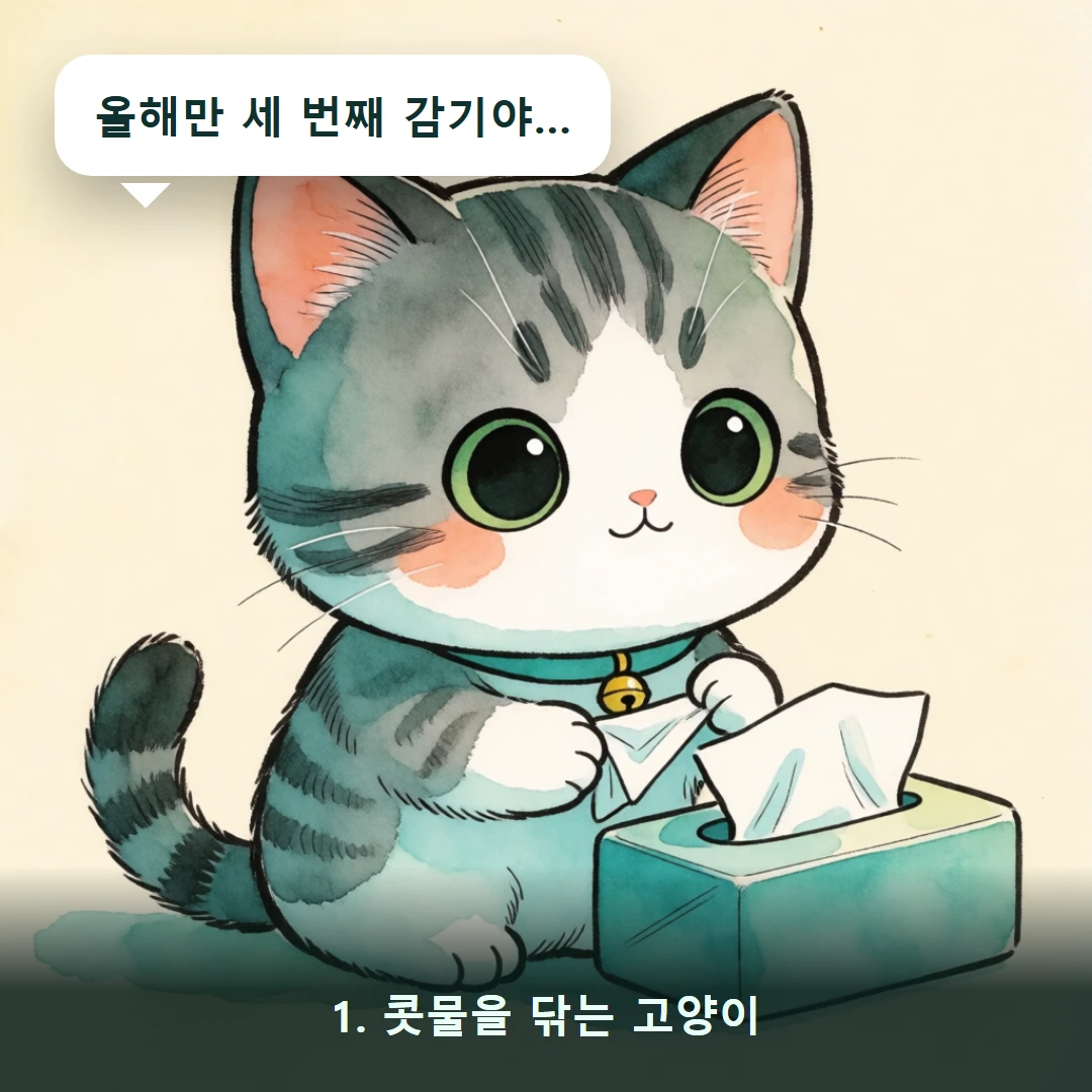 웹툰 1컷 — 1. 콧물을 닦는 고양이 (올해만 세 번째 감기야…)