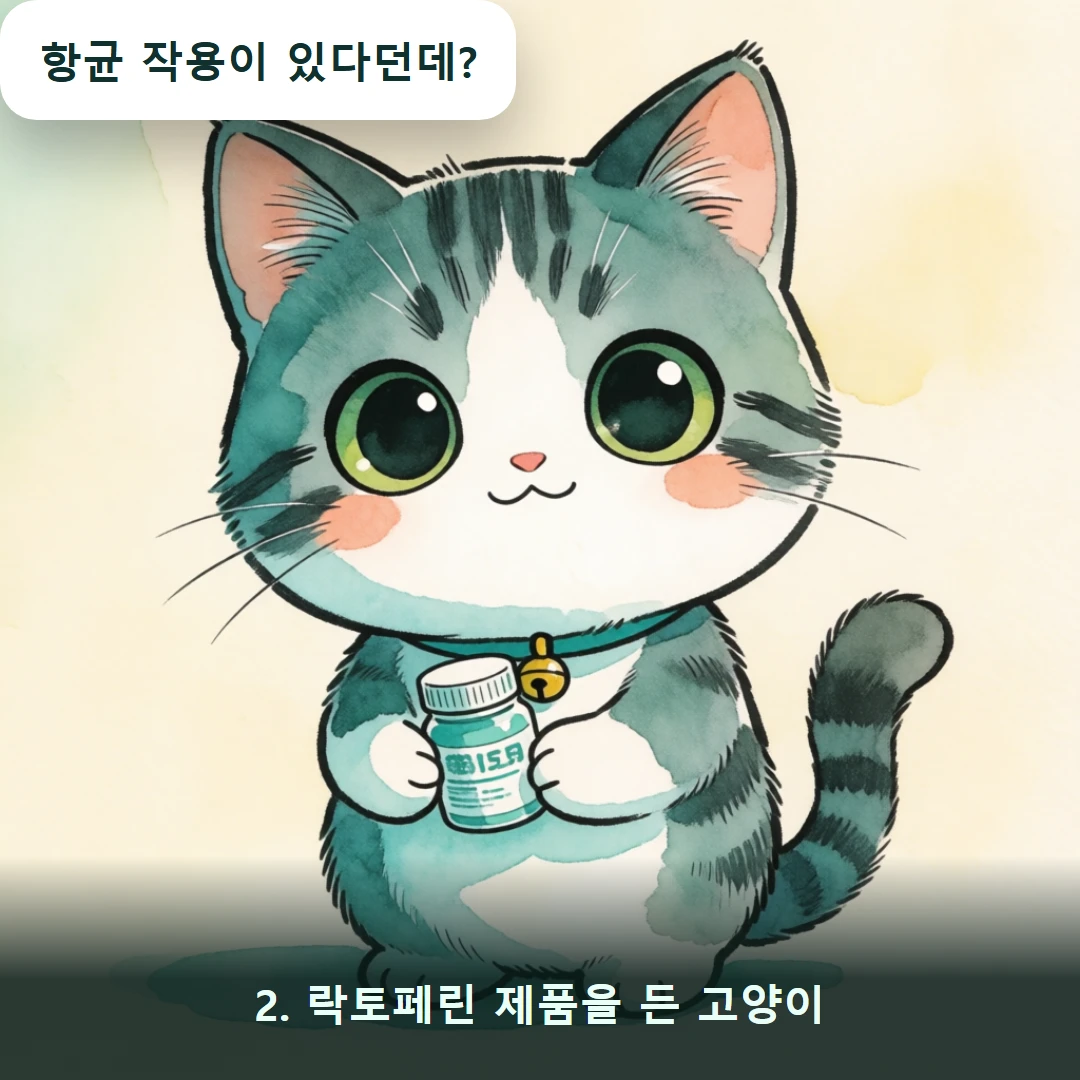 웹툰 2컷 — 2. 락토페린 제품을 든 고양이 (항균 작용이 있다던데?)