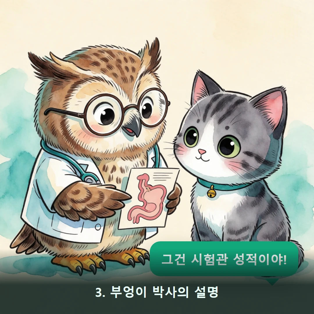 웹툰 3컷 — 3. 부엉이 박사의 설명 (그건 시험관 성적이야!)