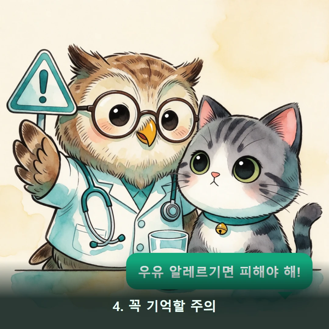 웹툰 4컷 — 4. 꼭 기억할 주의 (우유 알레르기면 피해야 해!)